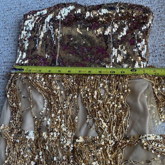 Gold sequin jumpsuit sheer akira Taylor swift bling party unique strapless M - Picture 11 of 13